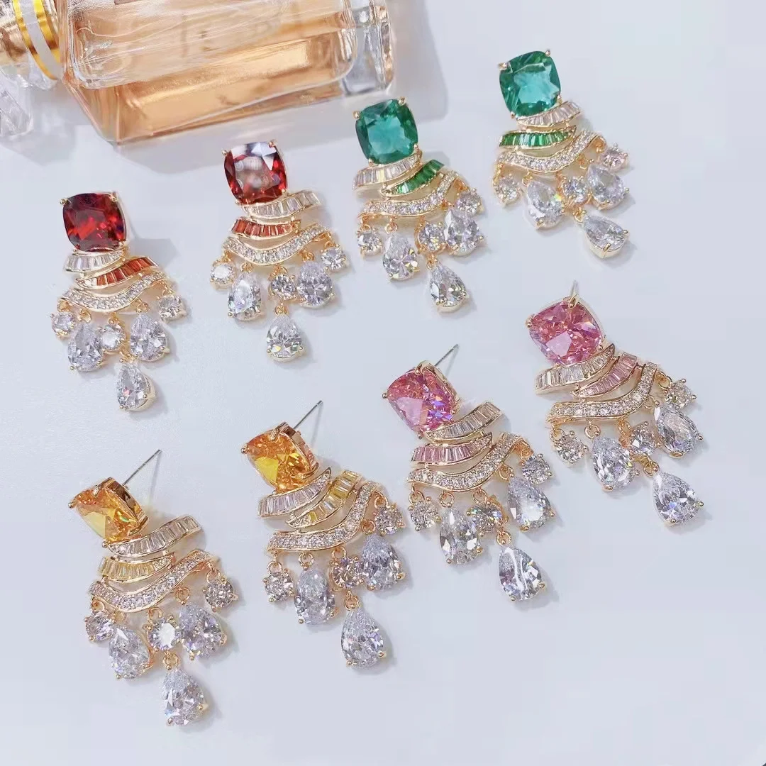

925 Silver Gold Plated Multicolor CZ Tassel Drop Earrings, Sparkling Gemstone Dangle, Luxury Bridal Jewelry for Women