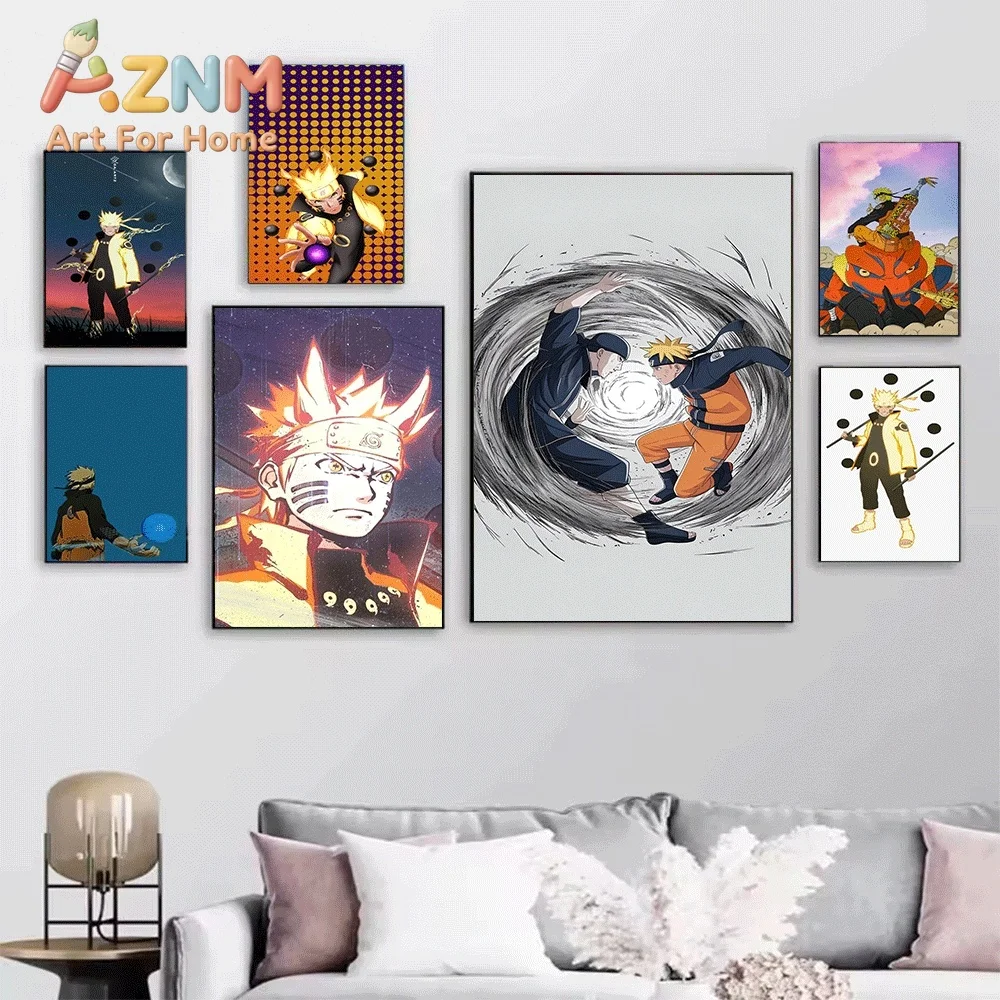 Anime Naruto Canvas Wall Art Minato Namikaze Fourth Hokage Blue Background Japanese Text Poster Unframed Canvas Painting Bedro