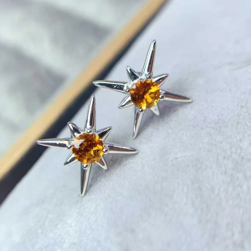 

925 Silver Designer Crystal Earrings 4mm Natural Citrine Earrings with Certificate 925 Silver Citrine Jewelry for Girl