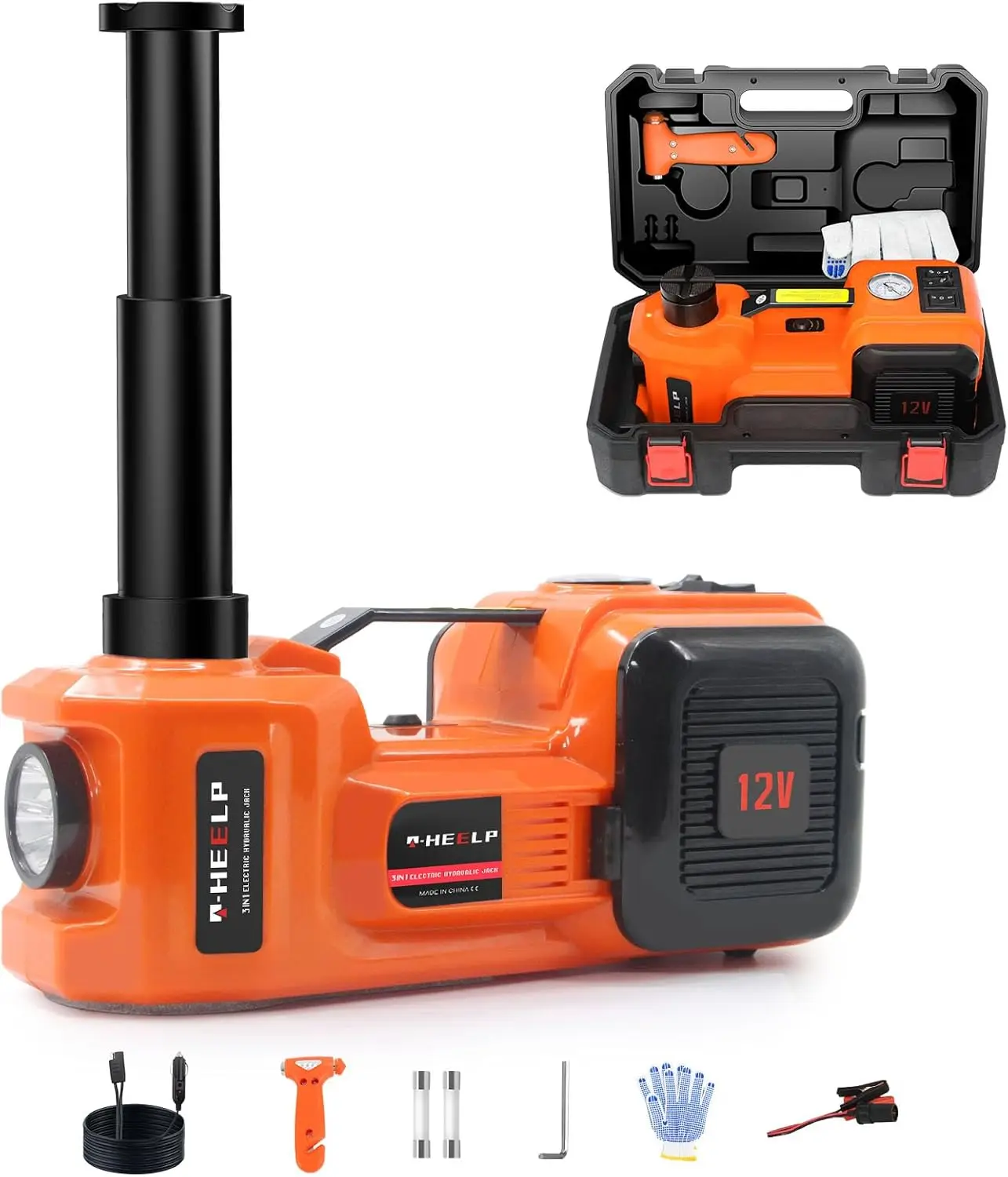 

5-Ton Electric Hydraulic Car Jack with Inflator, 12V Power for SUVs and Sedans, Lifts 6.1-17.7 Inches for Tire Changes