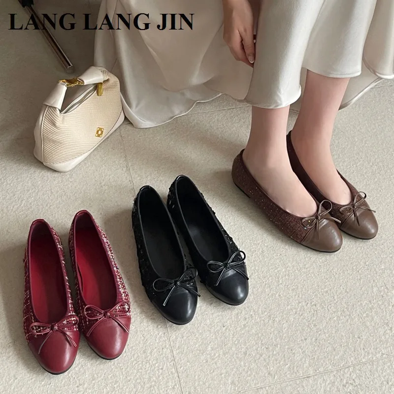 

2026 Spring Round Toe Bow Knot Flats Ballet Shoes Women Fashion Shallow Ballerina Casual Loafer Classic Ballerina Big Size 35-42