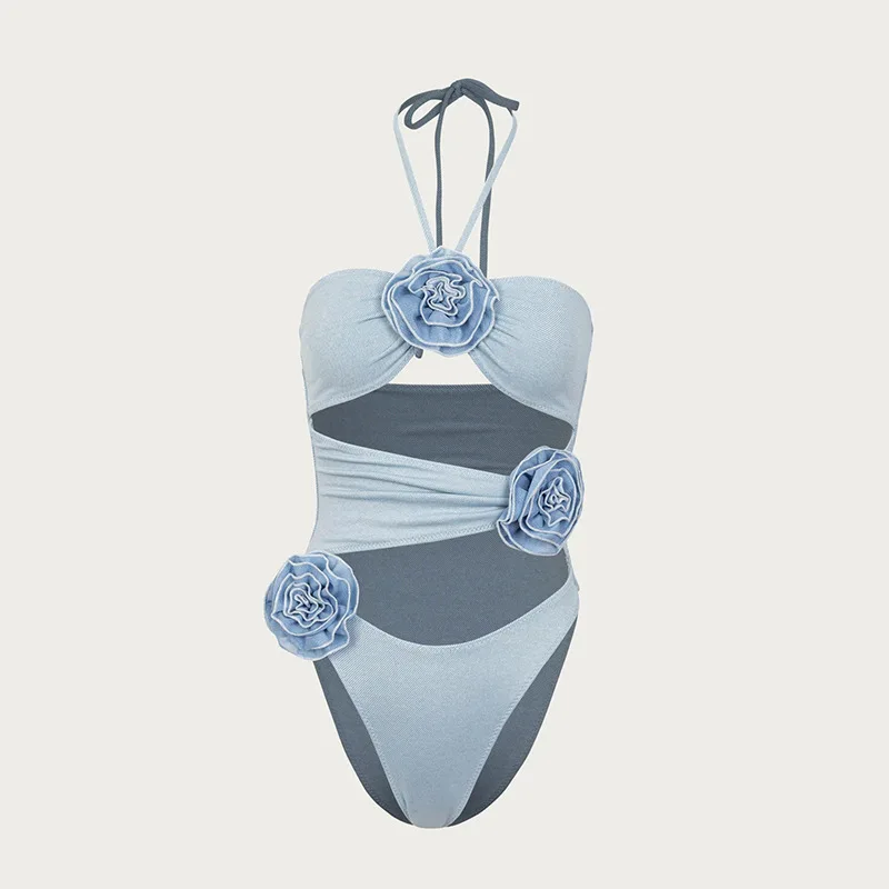 New Sexy Halter Hollow-Out One-Piece Swimsuit with 3D Flower Design, Women's Trendy Bikini Bathing Suit, Summer Beach