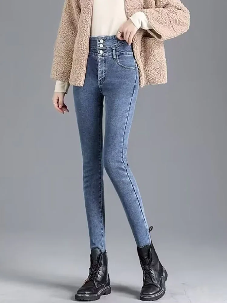 Vaqueros gruesos de terciopelo Vintage para mujer, Vaqueros elásticos informales de cintura alta, pantalones vaqueros ajustados hasta el tobillo a la moda cálidos