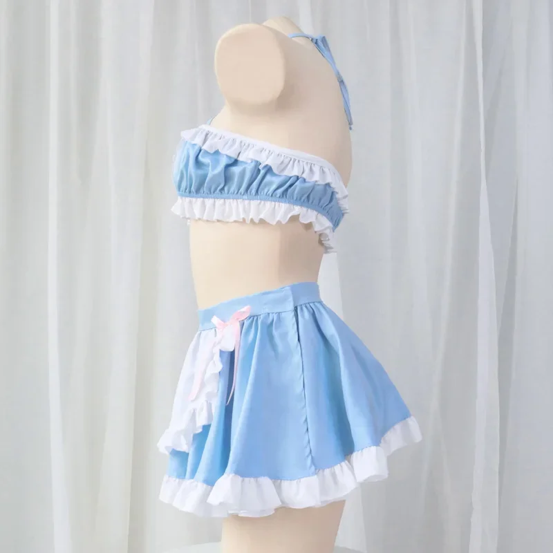 Süße Lolita Mädchen Neckholder Blau Weiß Rüschen Tube Top Rock Set Cosplay Maid Uniform Rückenfreie Pyjamas Pool Party Kellner Kostüme