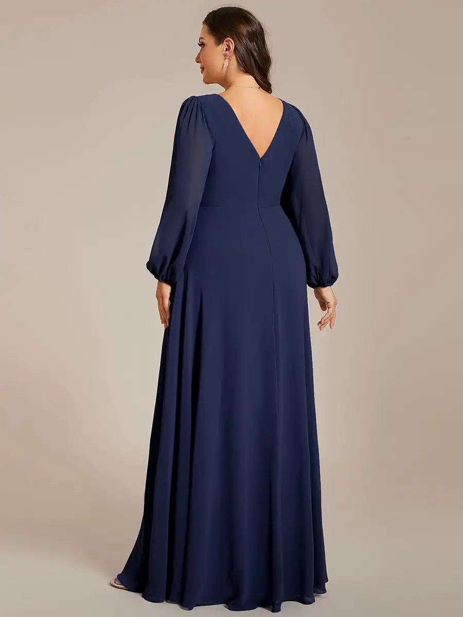 Plus size Evening Dresses Waisted V-neck long sleeve Sequins Floor-Length 2024 Ever pretty of Chiffon Navy Blue Bridesmaid dress