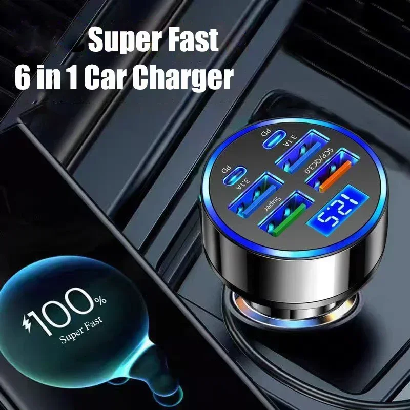 UYUXIO Multi Port USB C Car Charger with Voltage Display 6 in 1 Super Fast Charging Adapter for Huawei iPhone 16 15 Pro Max