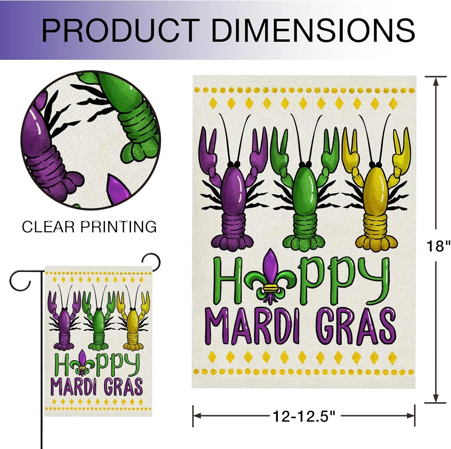 Hzppyz Happy Mardi Gras Boil Crawfish Garden Flag, Fleur De Lis Beads Carnival Celebrate Prom Decorative Yard Outdoor Small Deco