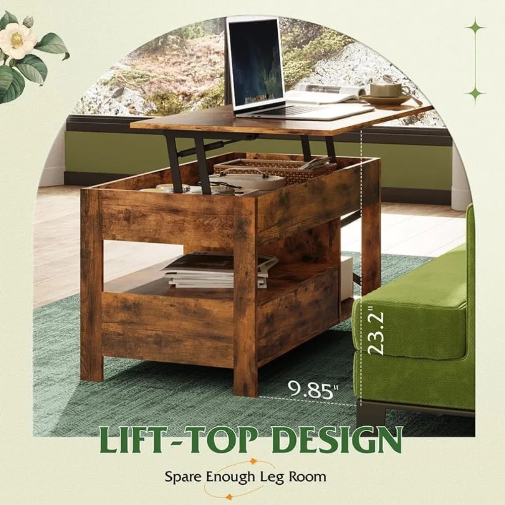 Lift Top Coffee Table, 39 Coffee Table with Storage Drawers, Hidden Compartment, Wooden Lift Tabletop Center Table for Liv