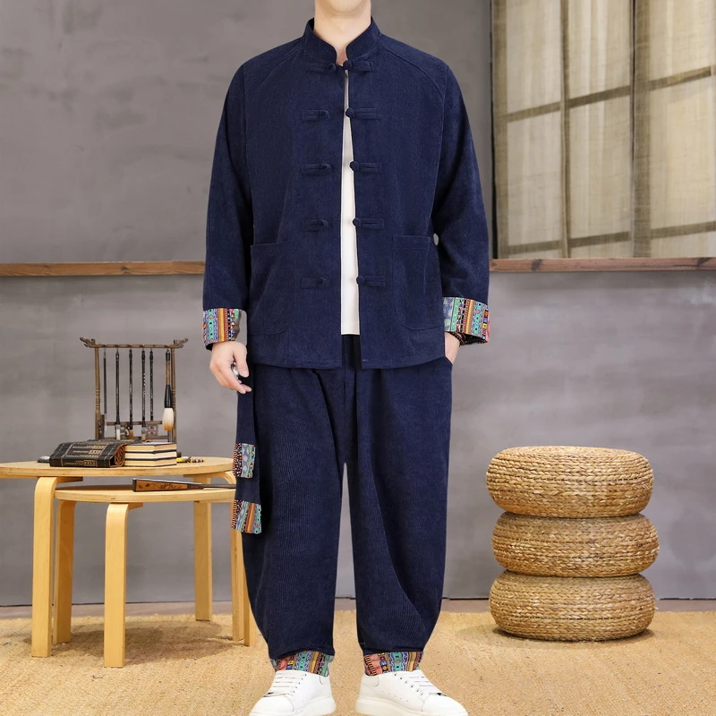 

Мужской повседневный комплект в китайском стиле, этнический комплект из двух предметов, хлопковая удобная куртка с воротником-стойкой, ретро-лягушка, пуговицы, манжеты, этнический принт, свободная посадка