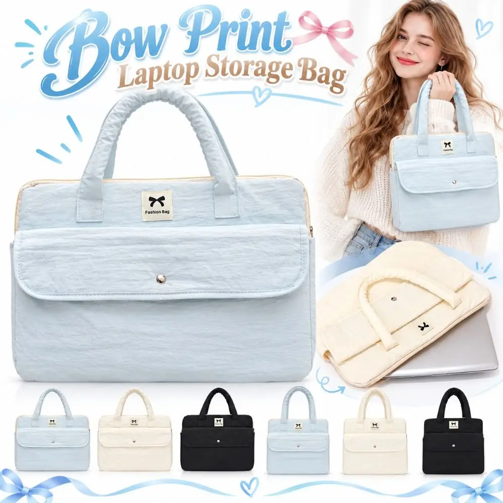 Solid Color Bow Print Laptop Storage Bag Large Capacity Water-repellent Tablet Handbag Shockproof Multifunctional