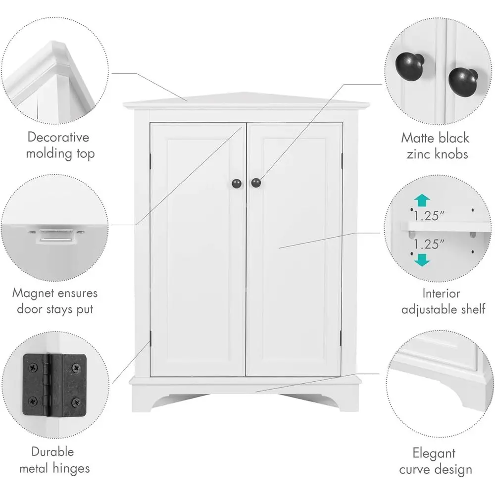 خزانة زاوية بيضاء مع أبواب وأرفف لتخزين الحمام وغرفة المعيشة