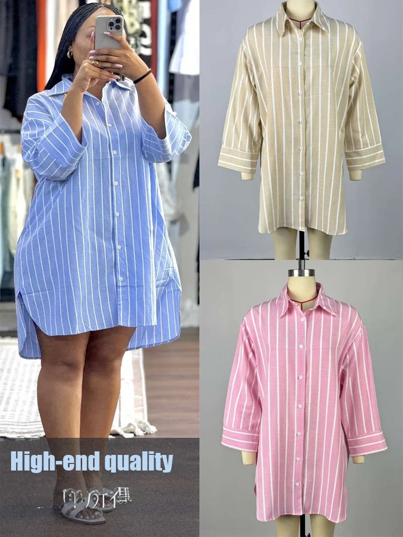 

Loose Striped Women's Blouse Mid-Length Spring Summer plus Size Comfortable Breathable Polyester Casual Shirt for Ladies