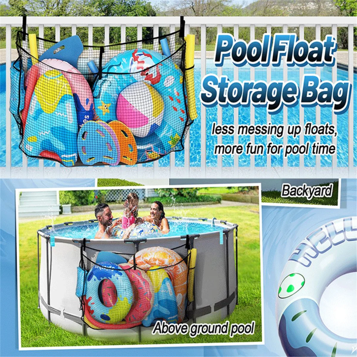 NEW Large Pool Float Toy Storage Net DurableMesh Net Organizer for Fence with Straps, Poolside Fence Toys Holder