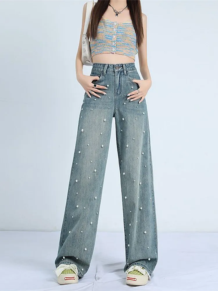 Japanese 2000s Style Y2K Fashion Pearl Baggy New Jeans Kpop Pants For Women Clothing Washed Blue Harajuku Lady Denim Trousers