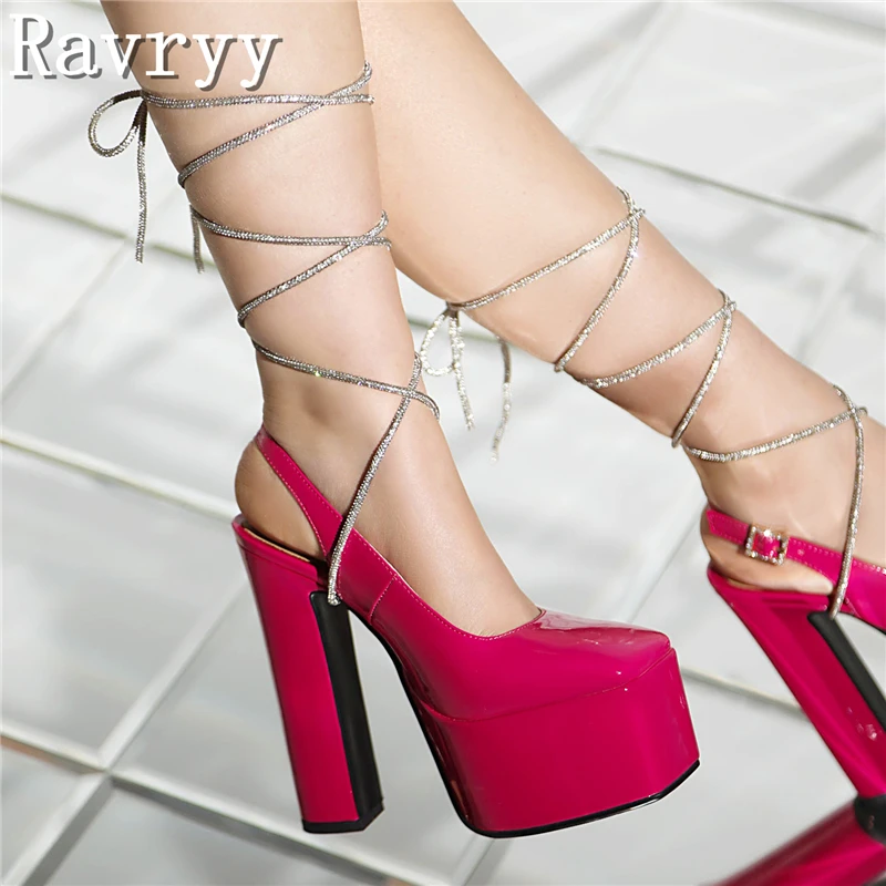 

Rhinestones Cross Strap High Heels Sandals Summer New Luxury Square Toe Patent Leather Platform Ladies Party Banquet Shoes