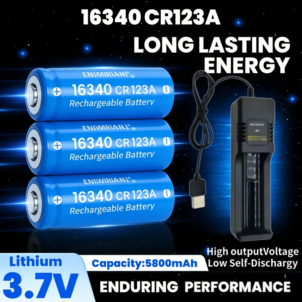 

3.7V 5800mAh CR123A 16340 Rechargeable Li-ion Battery with Wall Charger for LED Flashlights & Outdoor Gear