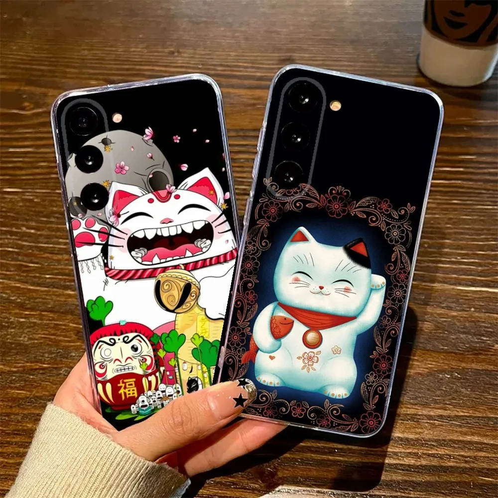 Maneki Neko Lucky Money Cat Phone Case For Samsung S23,23,22,30,21,10,9,8,7,Note20,Lite,Ultra,Plus,FE,Soft Transparent Case