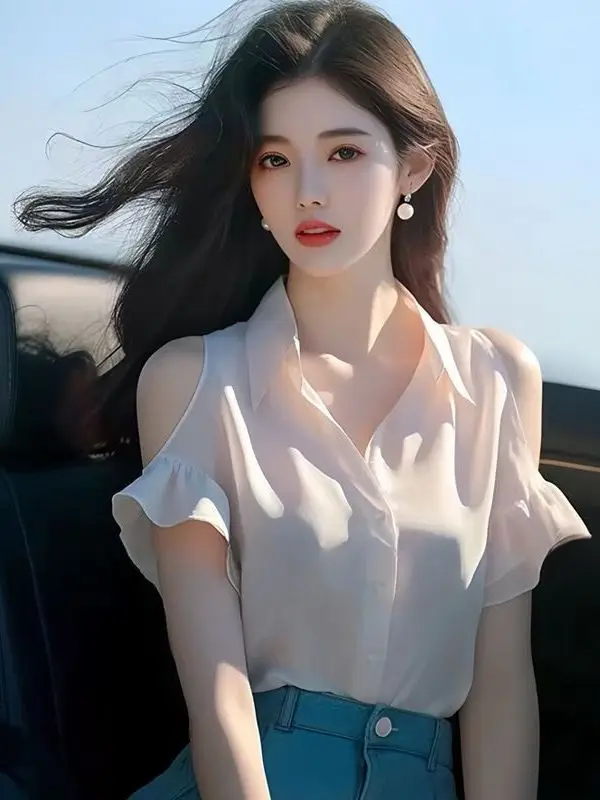 Ele ort Sve oulder Bared irt voor dames Mooie zomer Hoge kwaliteit Unieke Koreaanse Sle Loose Fit Ne