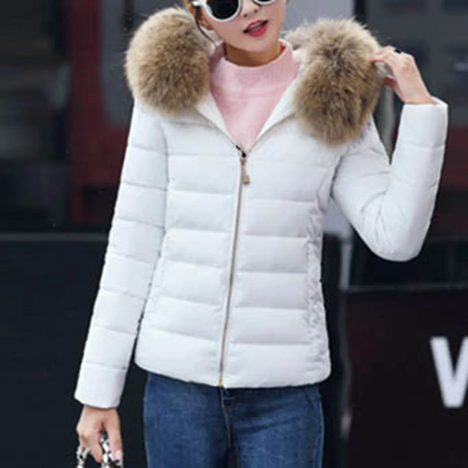 2024 New Winter Jacket Womens Parkas Fur Collar Hooded Coats Casual Short Jacket Female Slim Cotton Padded Warm Outerwear