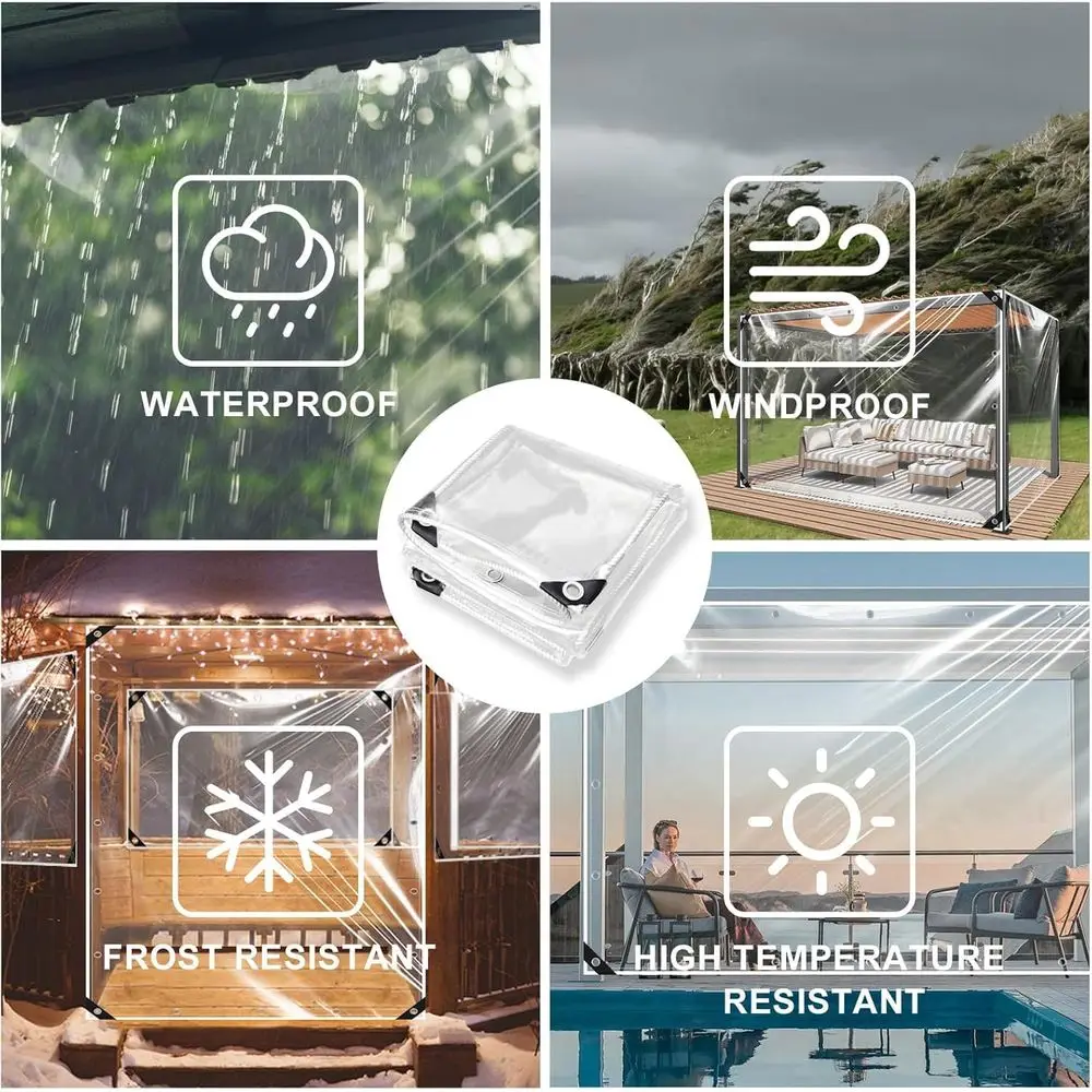 Robuste wasserdichte Plane, 2,4 x 3,6 m, klares Vinyl mit Ösen zum Schutz im Freien, geeignet für Pergolen, Gewächshäuser, Terrassen,