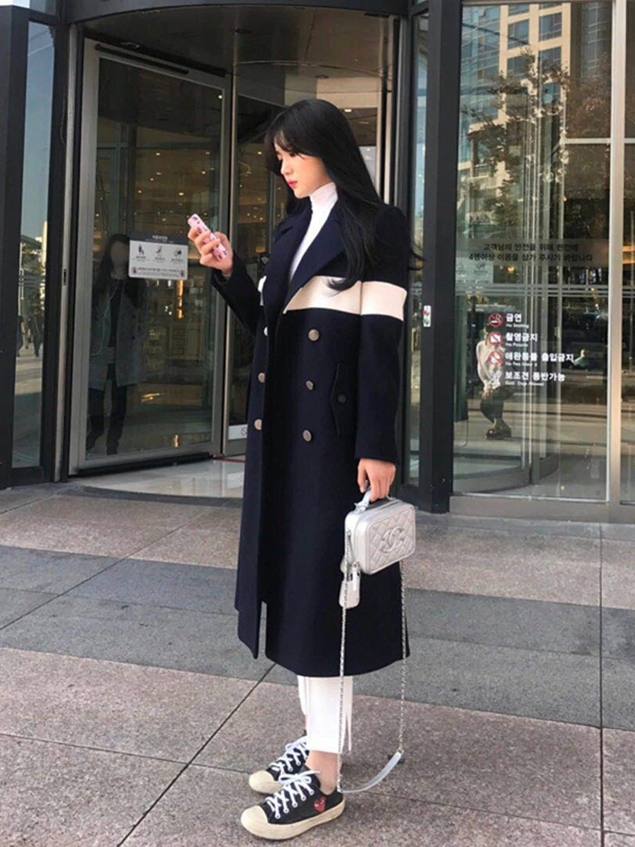 

Girls' Korean Sle Woolen Coat Autumn Winter Mid-Length Trendy Forest System Tweed Coat Long Sve Button ket Design