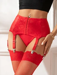 Comeondear Hot Lady Sexy Leather Suspenders Set Red Plus Size Curve Lingerie Floral Straps Garter Belts With Stocking For Women