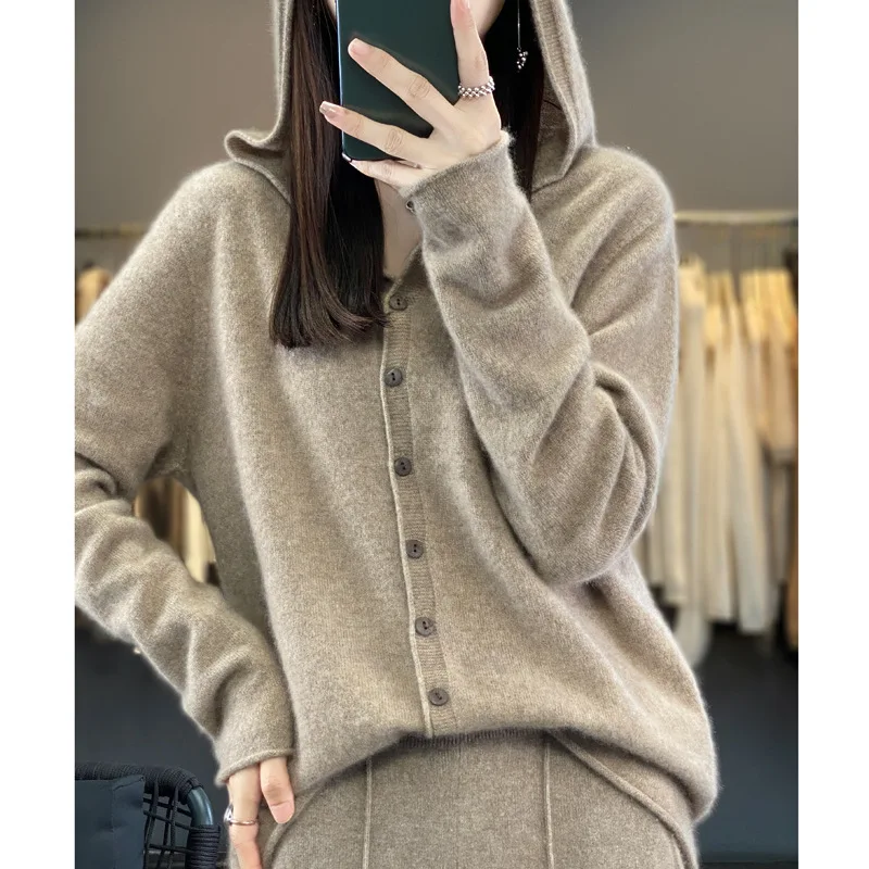 

First Line Merino Wool Knitted Cardigan Women's Autumn And Winter Hoodie Loose Sweater Fashionable Versatile Coat Top