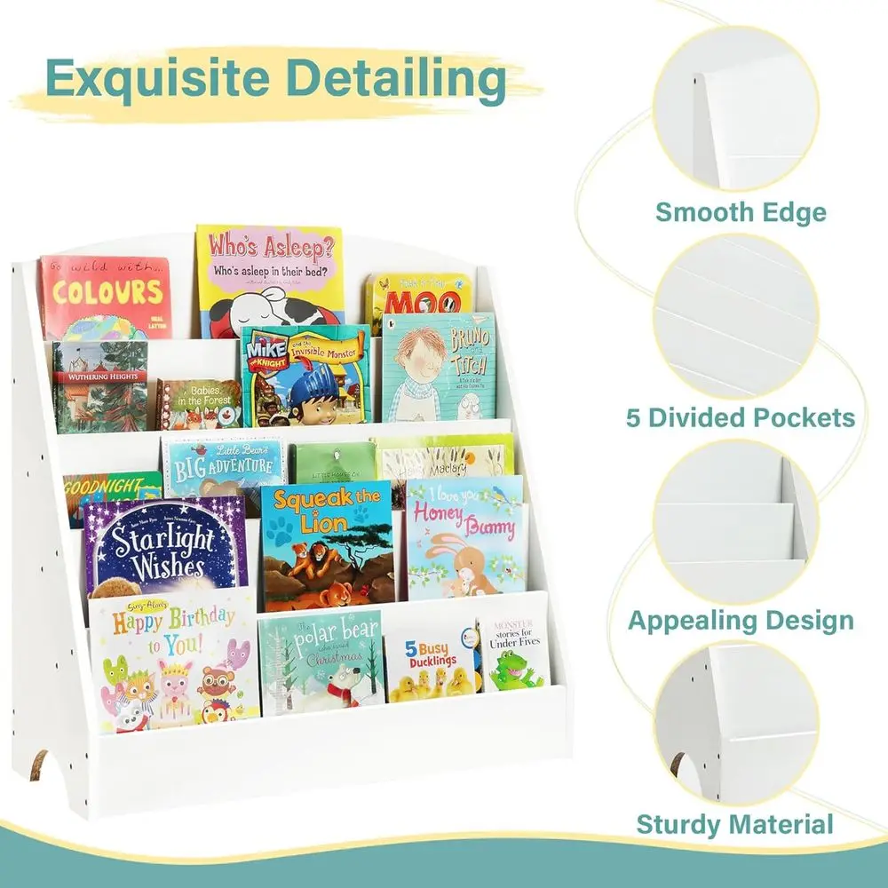 TOETOL 5-Tier Kids Bookshelf - Toddler Book Display Shelves for Classrooms, Playrooms, and Nursery - Wooden Children Book Rack (