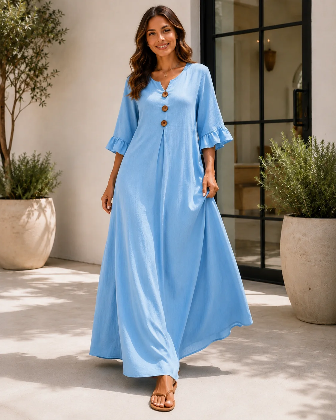 Übergröße Europäisches und Amerikanisches Cross-Border Herbst- und Winterkleid in Unifarbe für Damen mit V-Ausschnitt, Langes Modisches Elegantes Kleid – Detail 4