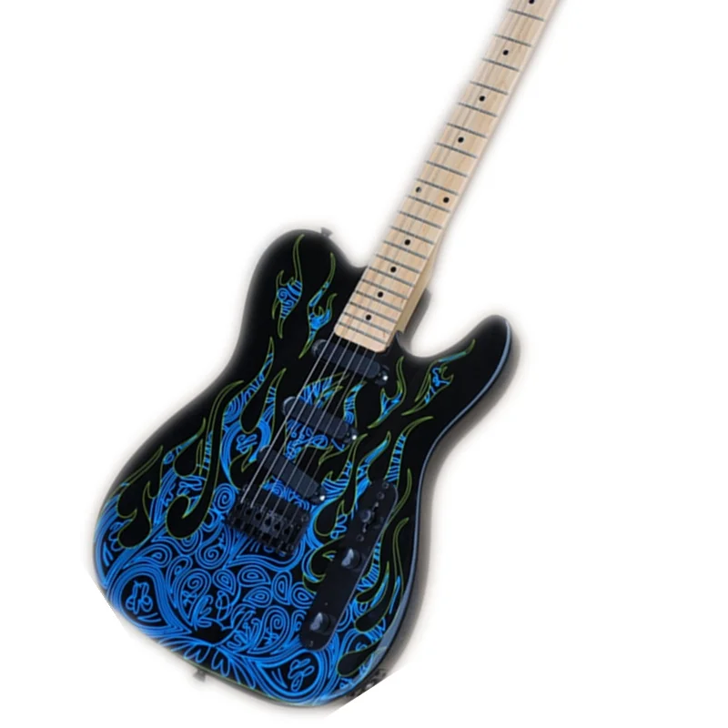 6 string electric guitar,Tel guitar,blue fire pattern guitar,SSS pickups,black bridge,maple neck,black buttons