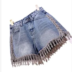 High End Rhinestone Fringed High Waist Denim Shorts Flash Wimen's High-end Diamond Tassel Short Jeans Hot Pants 2022