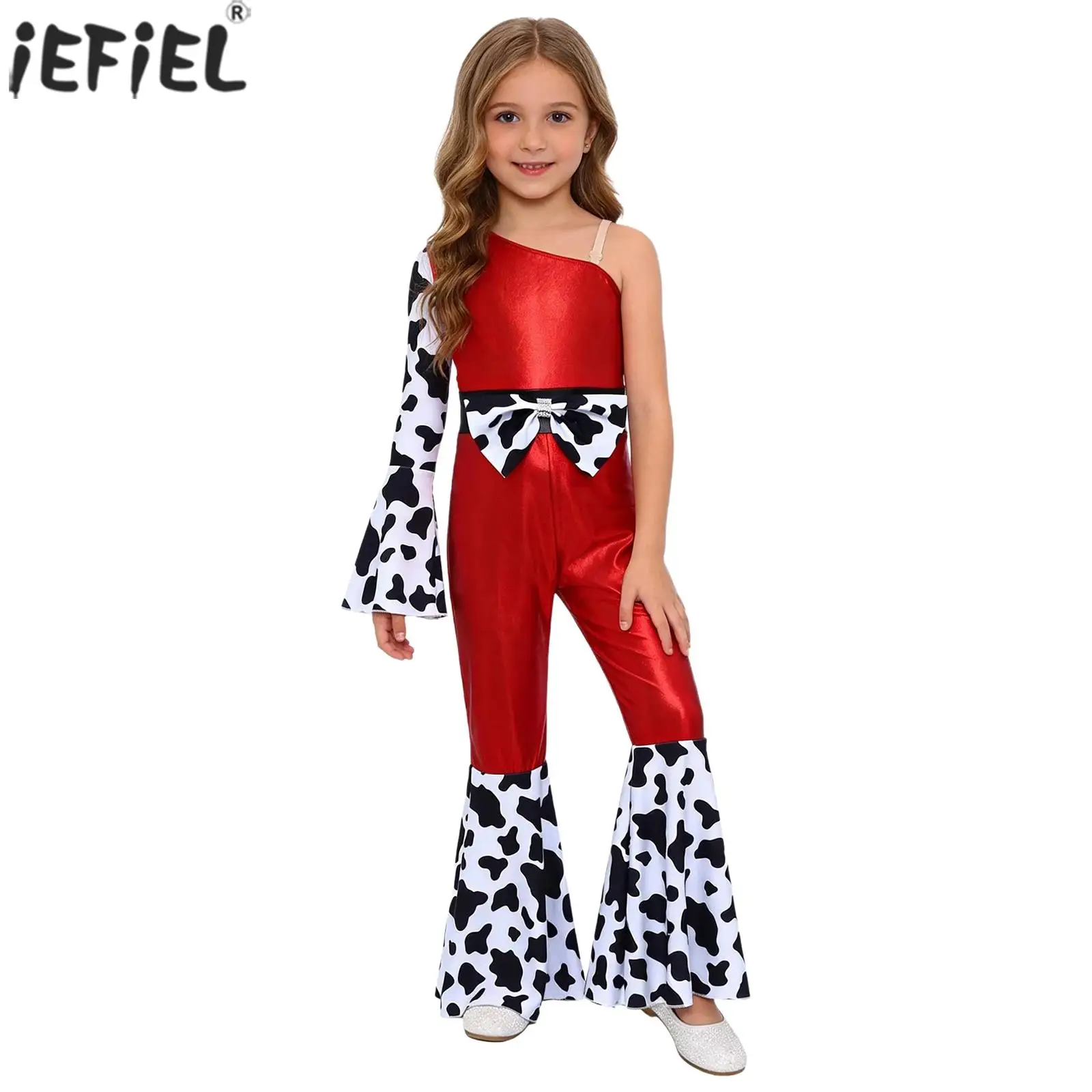Kids Girls Western Cowboy Cowgirl Costume Metallic Gloss Long Sleeve Jumpsuit Bell-bottoms Carnival Disco Party Hippie Bodysuit