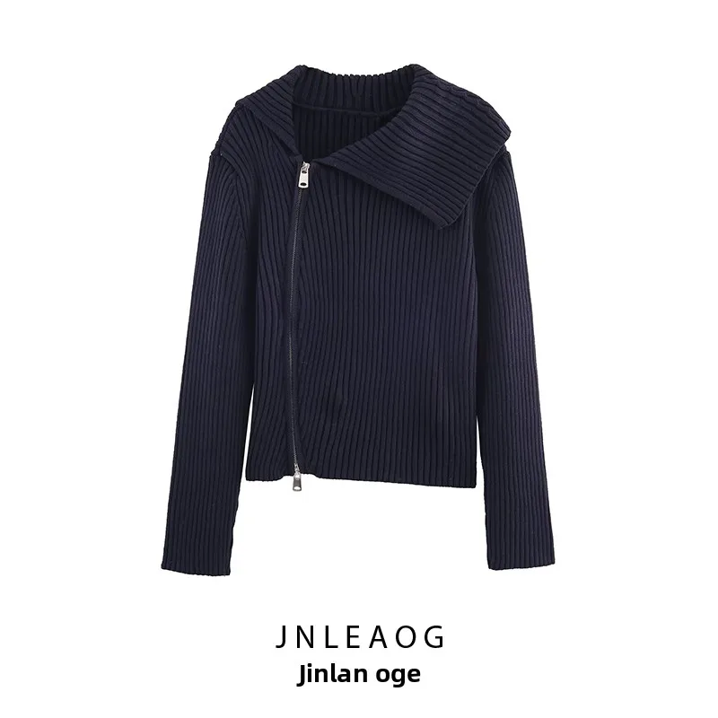 

JNLEAOG Autumn New Women's Knitted Zipper Ribbed Outerwear Wind Design Long Sve Striped Polyester Fiber Cardigan for Girls