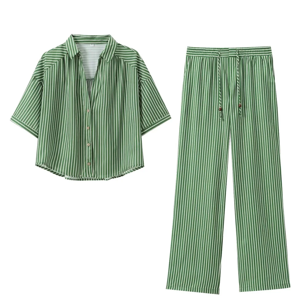 2024ZAR4 Summer New Women\'s European and American style linen blend short sleeved striped shirt high waist wide leg pants set