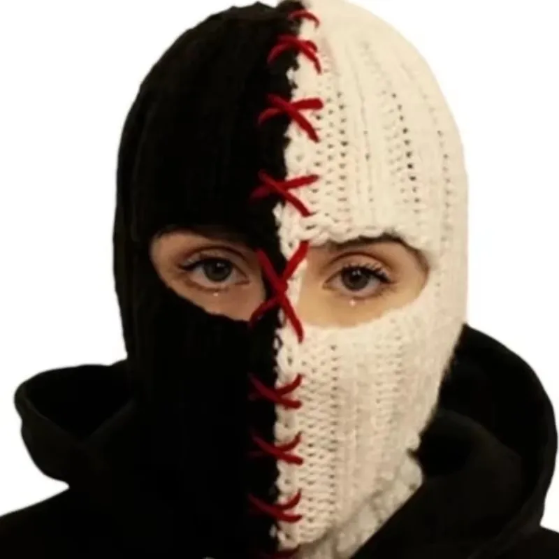 

Terrifying Ghost Knitted Winter Balaclava Bucket Hat Full-Head Halloween Cosplay Black and White Stitching Balaclava