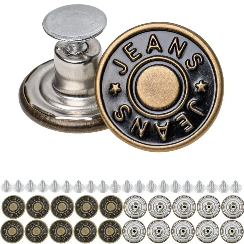 20Pcs/Set Jeans Replacement Buttons Screws 20mm No-Sewing Screw Button Repair Kit No Sew Metal Nailless Removable Jean Buttons