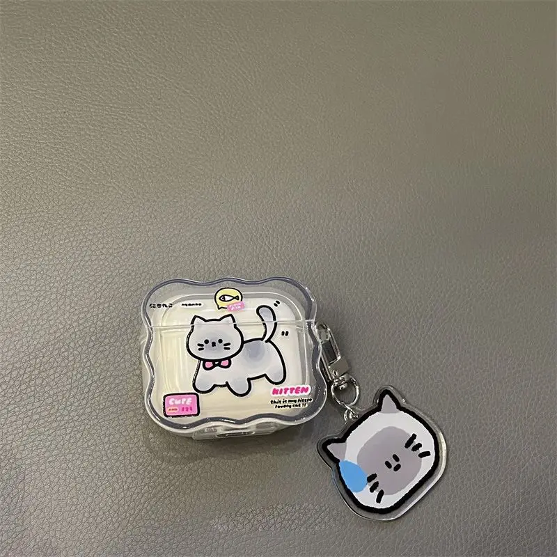 Cute Funny Cat Headphone Case For Apple AirPods 1 2 3 Cartoon Clear Cover with Keyring Soft Silicone Cases for AirPods Pro 2nd