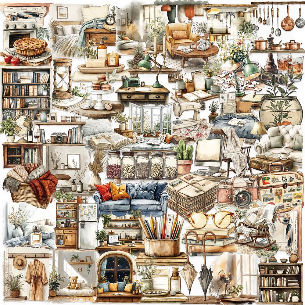 10/30/50pcs Vintage Cartoon Home Art Stickers Aesthetic Creative Decals Decorative Scrapbook Phone Transparent Graffiti Sticker