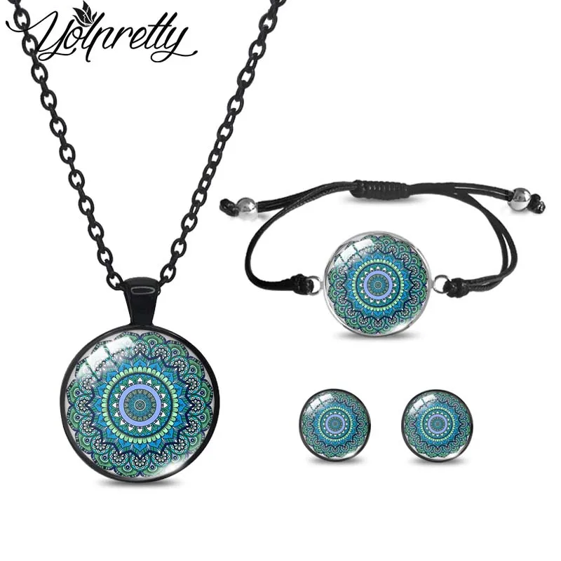 2023 New Arrival Mandala Flowers Black Necklace Rope Bracelet Stud Earrings Sets Glass Cabochon Jewelry Sets for Women