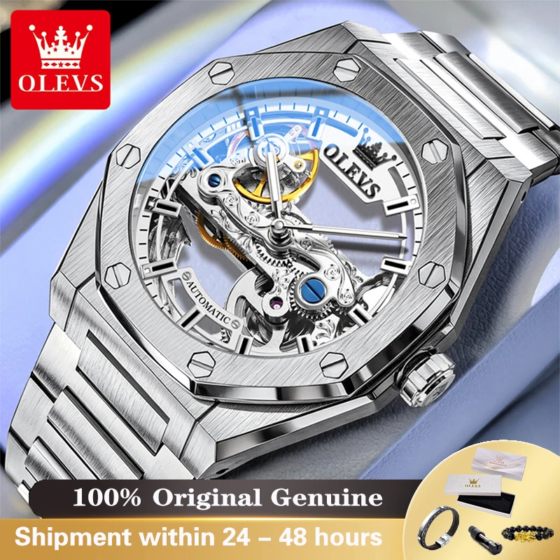 OLEVS Top Luxury Brand Men Automatic Mechanical Watch Octagon Skeleton Hollow Dial Super Luminous Business Sport Male Watch 6742