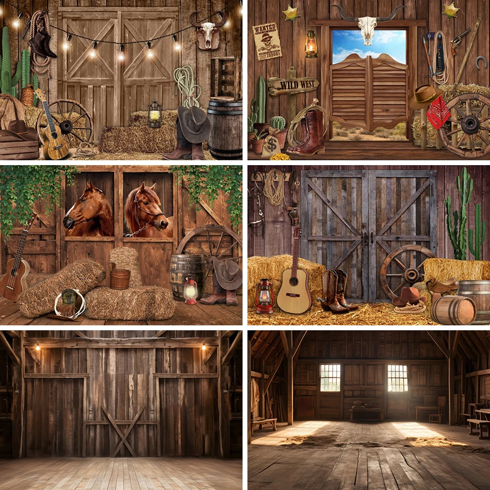 

Wild West Cowboy Background Horse In Barn Vintage Rustic Log Cabin Baby Shower Children Birthday Party Backdrop Photo Booth Prop