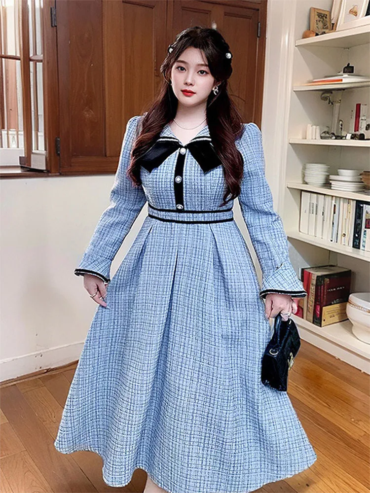 150 kg plus size dames buste 149 herfst retro kleine geurige stijl taille cinching lange mouwen revers jurk 5XL 6XL 7XL 8XL 9XL