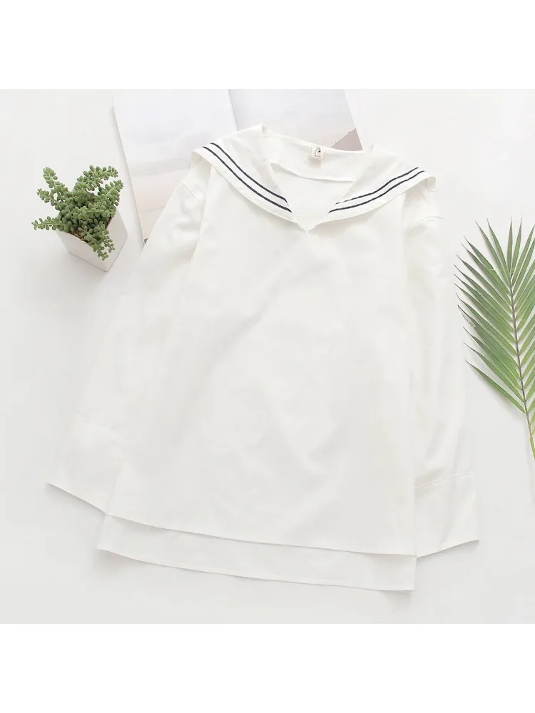 Merry Pretty 100% Cotton White Blouse Plus Size Women Kawaii Long Sleeve Sailor Collar Shirt Preppy Style JK School Uniform