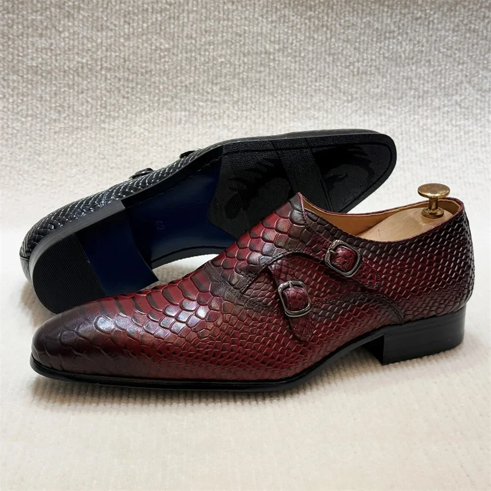 Men's Solid Color Genuine Leather Handmade Pointed Toe Oxford Shoes Python Pattern Lace-Up Formal Business Wedding Shoes