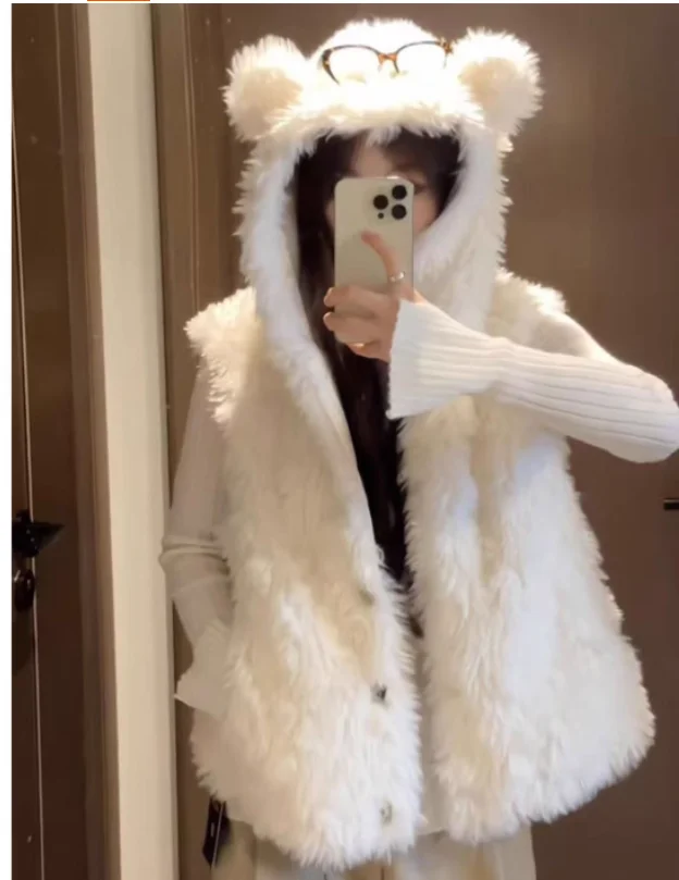 Women's Autumn Winter New Thickened White Warm Plush Hooded Vest Fashion Loose Cute Age-reducing Versatile Sleeveless Coats