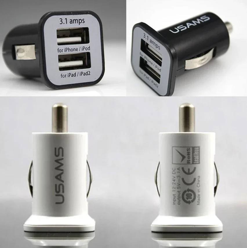 

100pcs Dual USB Car Charger Charging Power Adapter Input 12-24V DC Output 5V 3.1A For iPhone iPad Samsung Xiaomi Huawei