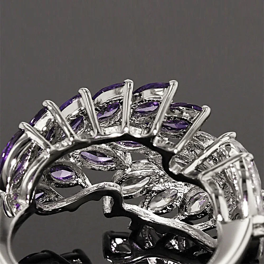 2024 Romantic Half White  Purple Zircon Leaf Shape Encircle Women Wedding Evening Party Finger Ring New Fashion Jewelry