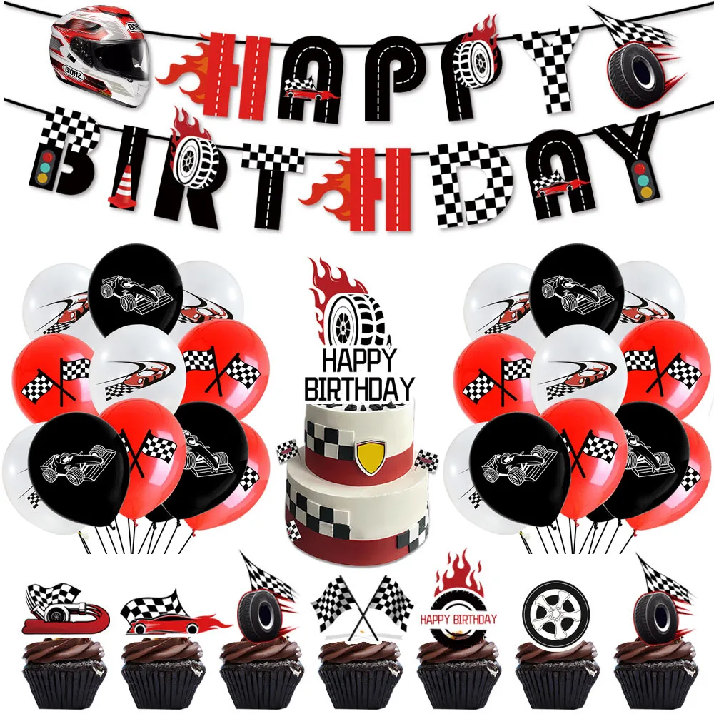 Racing Car Motorcycle Theme Party Disposable Tableware Black White Tablecloth Plates Cups Kids Motorcycle Birthday Party Decors