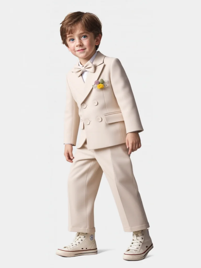 

Kids Spring Autumn 6Pieces Khaki Wedding Suit Set With Jacket Vest Pants Bowtie Strap Brooch Boy Birhtday Photography Outfit