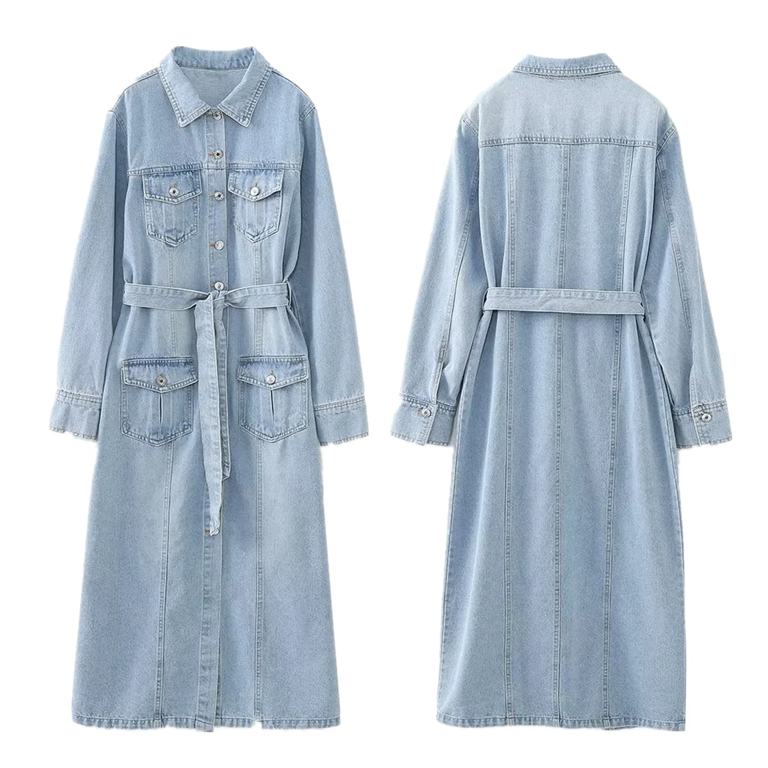 

Withered Fashionable Women's Retro Denim Dress Washed Light Blue Pocket Midi Dress with Belt Women